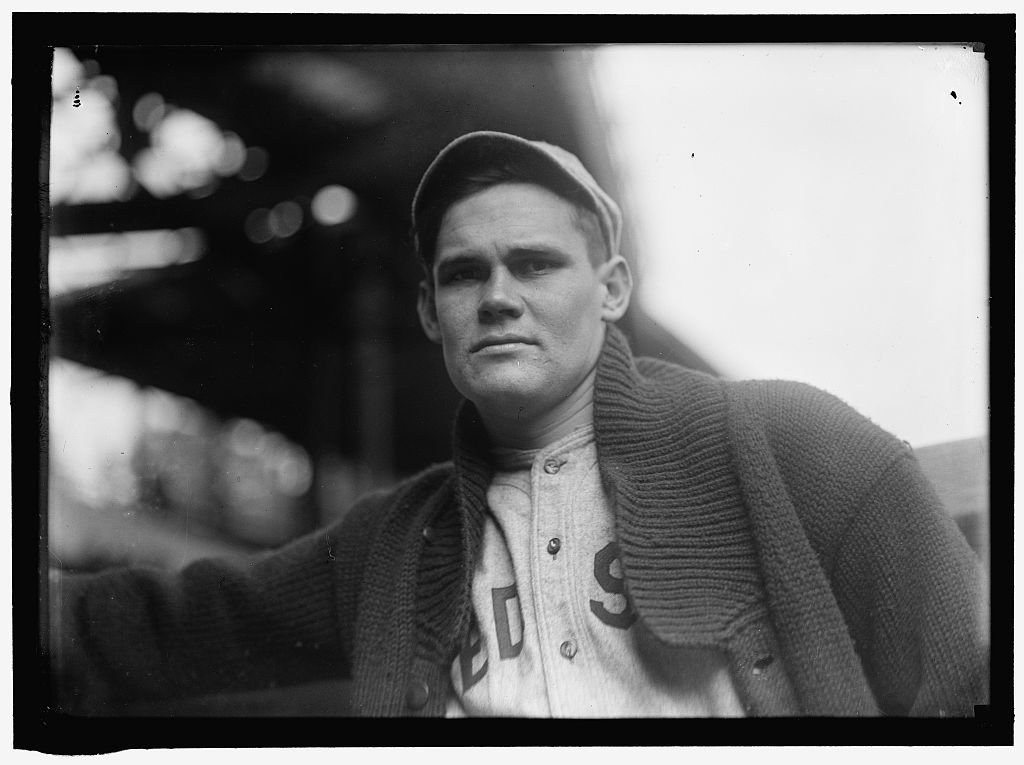 Dutch Leonard in a Boston Red Sox uniform and heavy sweater at a ballpark, circa 1914 or 1915