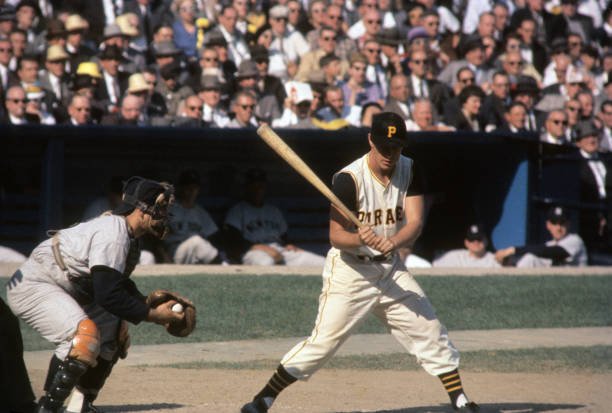 Bill Mazeroski bats for the Pittsburgh Pirates against the New York Yankees at Forbes Field during the 1960 World Series