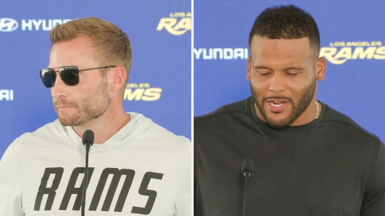 Sean McVay and Aaron Donald speak at the Los Angeles Rams press conference announcing Donald’s comeback