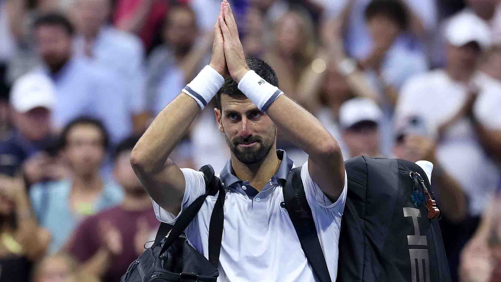 Novak Djokovic acknowledges the Arthur Ashe Stadium crowd after his 2026 US Open first-round match