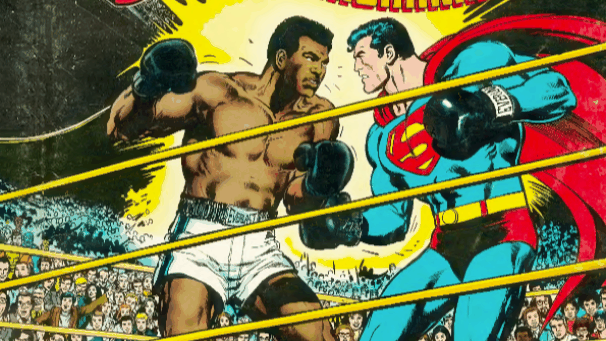 Superman versus Muhammad Ali comic-book cover art