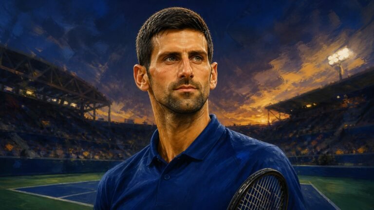 Editorial portrait of Novak Djokovic holding a racket on a tennis court at dusk