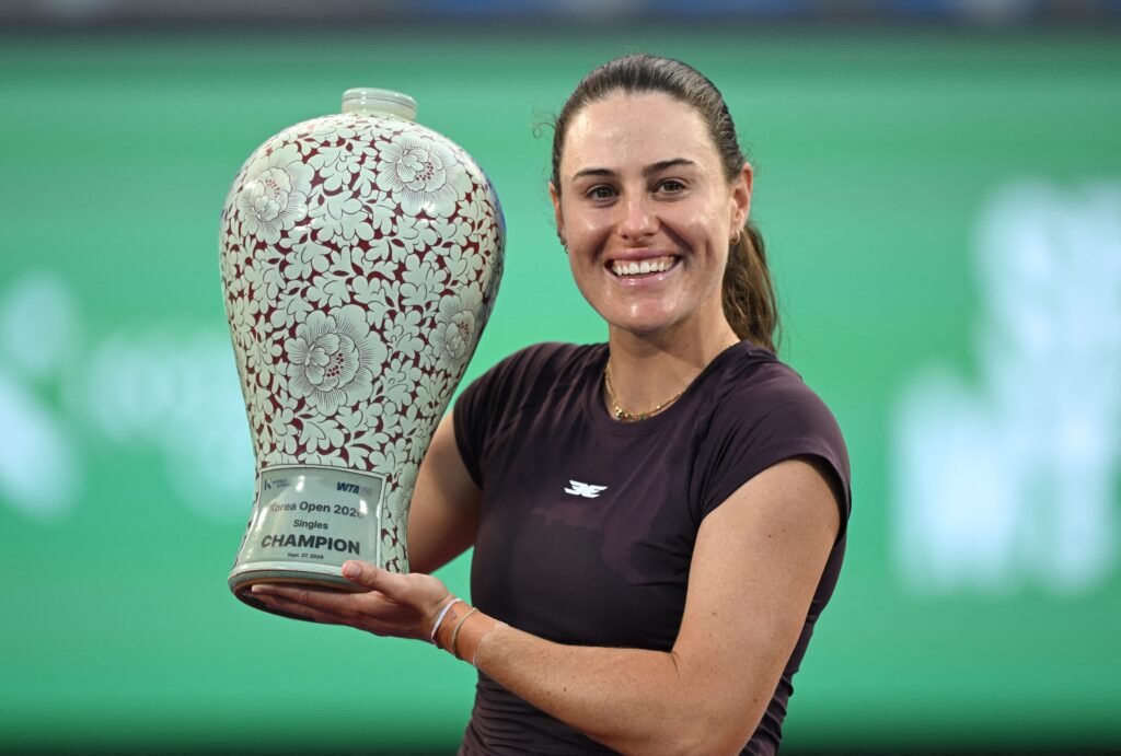 Kimberly Birrell holds the Korea Open trophy in Seoul after winning her first WTA title on September 27, 2026.