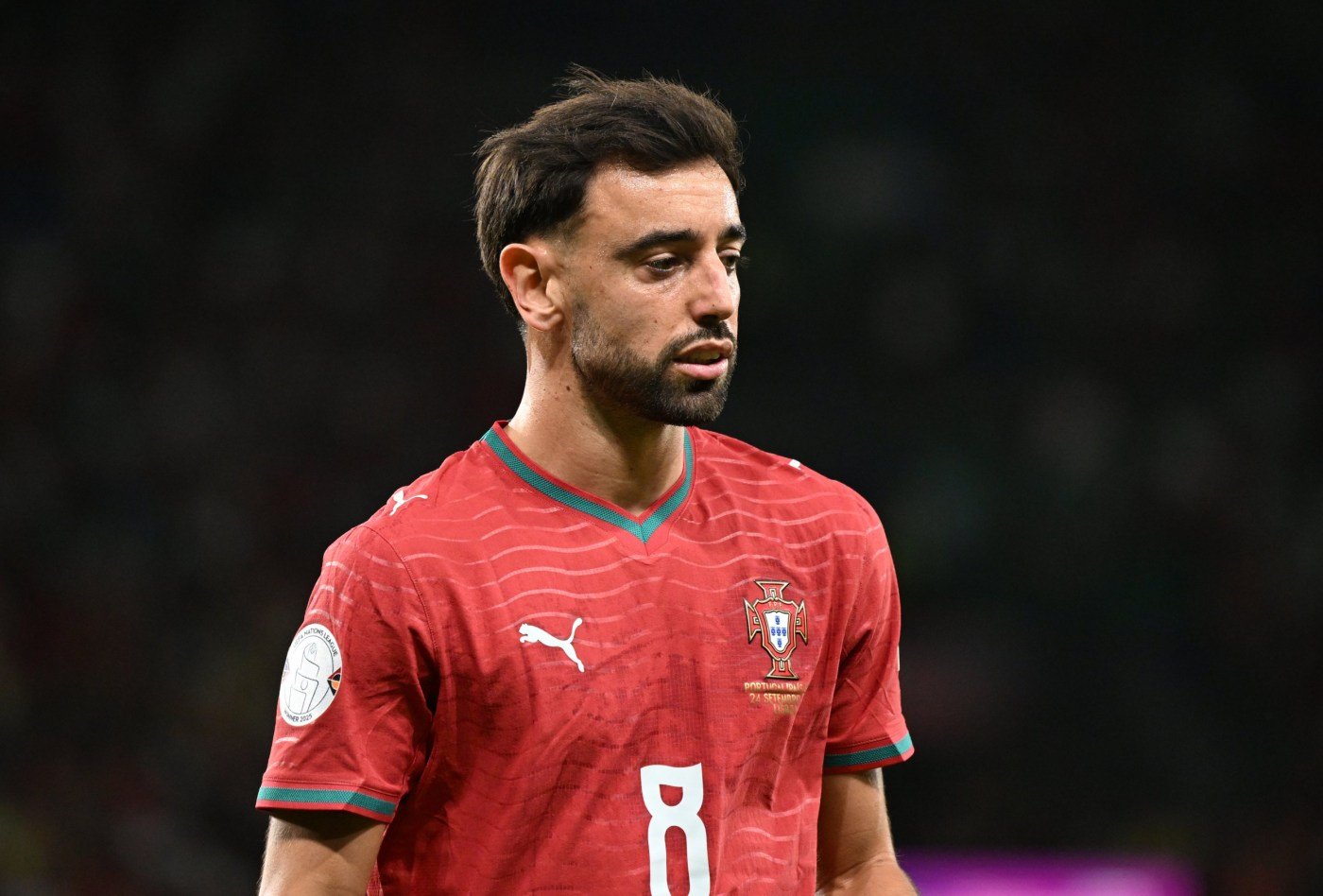 Bruno Fernandes wearing Portugal’s red shirt during the Wales match.
