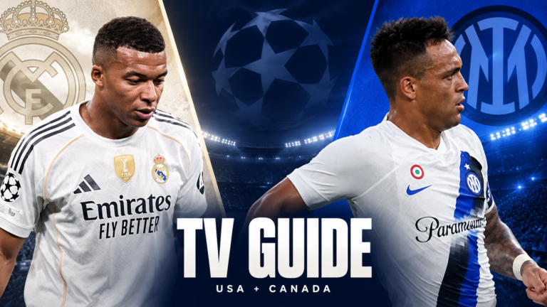 Kylian Mbappé and Lautaro Martínez in a Champions League TV guide composite