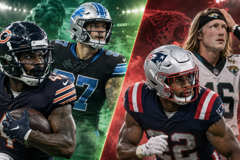 Fantasy football Week 1 start/sit thumbnail featuring four NFL players in a split green-and-red stadium design
