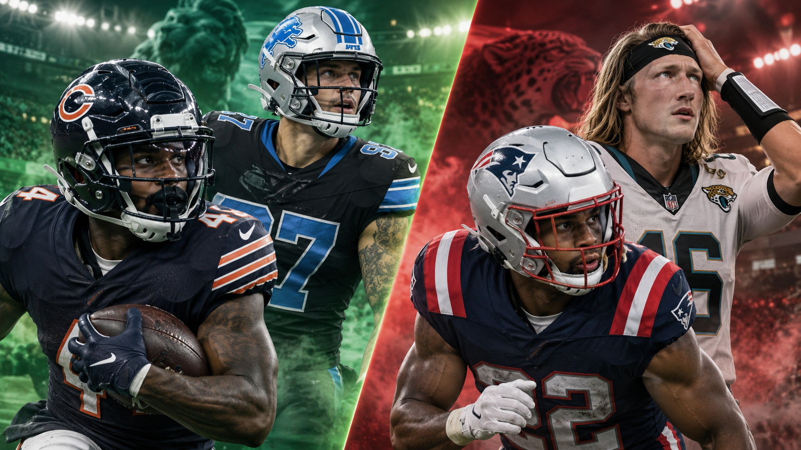 Fantasy football Week 1 start/sit thumbnail featuring four NFL players in a split green-and-red stadium design