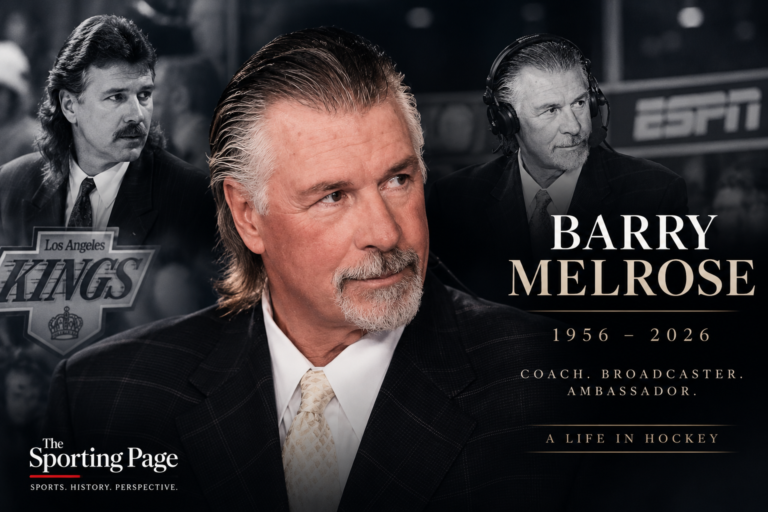 Barry Melrose tribute graphic marking his life from 1956 to 2026 and his career in hockey.