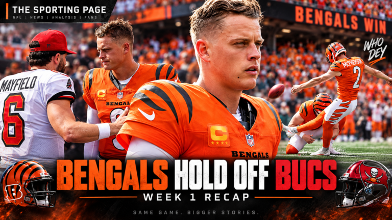 Evan McPherson kicks for Cincinnati beside a portrait of Joe Burrow in a Week 1 Bengals-Buccaneers recap thumbnail.