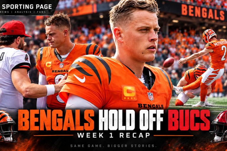 Evan McPherson kicks for Cincinnati beside a portrait of Joe Burrow in a Week 1 Bengals-Buccaneers recap thumbnail.