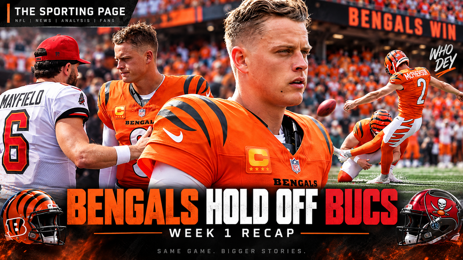 Evan McPherson kicks for Cincinnati beside a portrait of Joe Burrow in a Week 1 Bengals-Buccaneers recap thumbnail.