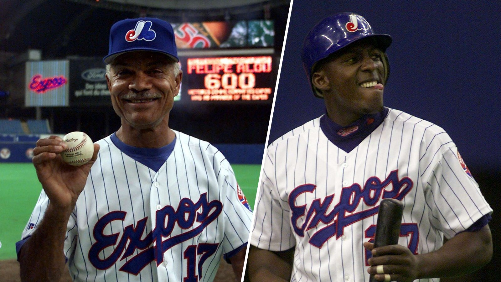 Felipe Alou, left, and Vladimir Guerrero in Montreal Expos uniforms.