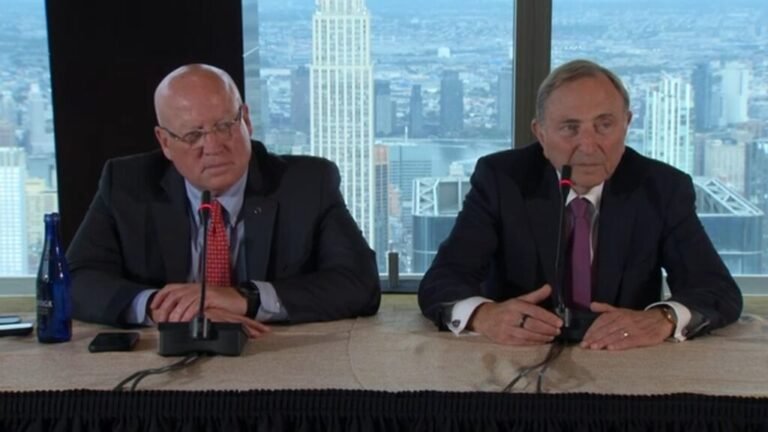 Gary Bettman, right, and Bill Daly at the NHL Board of Governors press conference in New York on September 22, 2026.