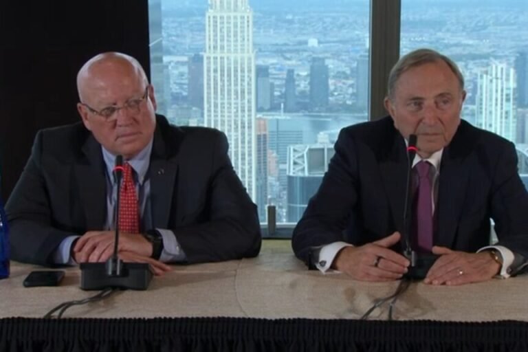 Gary Bettman, right, and Bill Daly at the NHL Board of Governors press conference in New York on September 22, 2026.