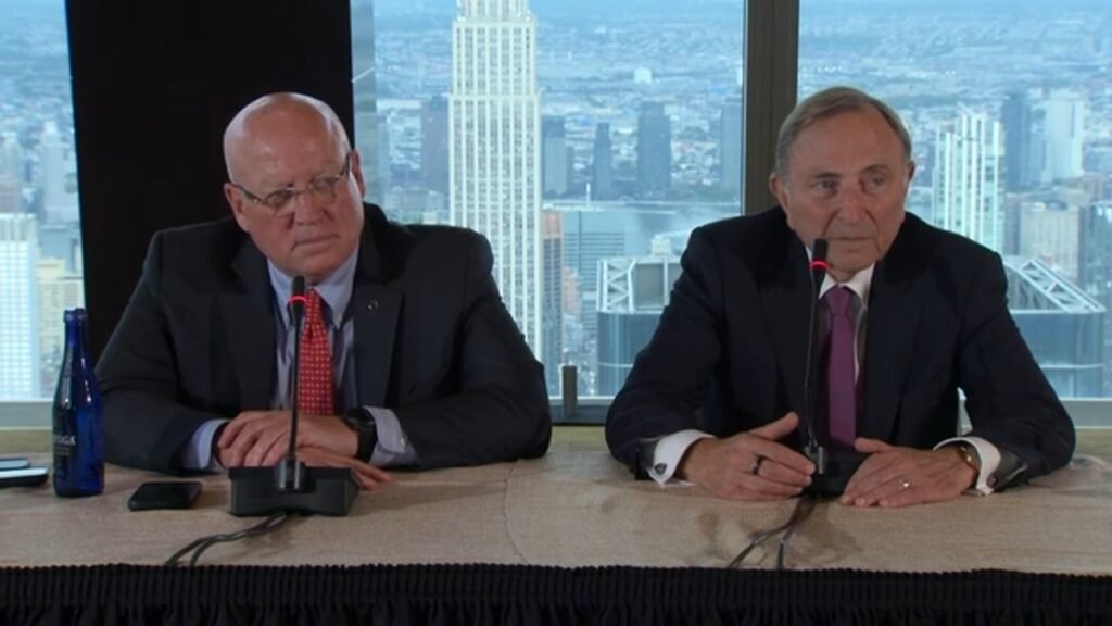 Gary Bettman, right, and Bill Daly at the NHL Board of Governors press conference in New York on September 22, 2026.
