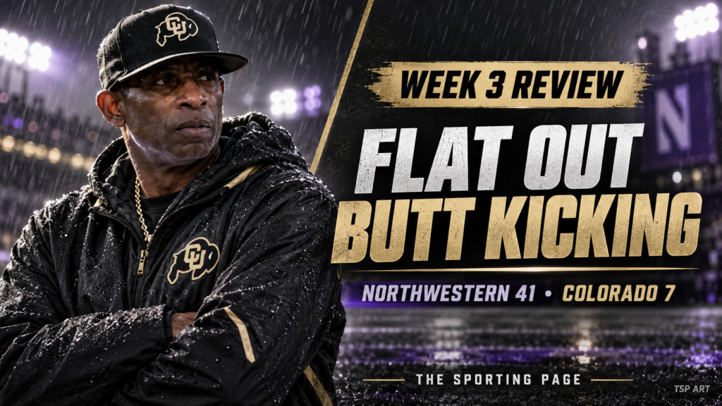 Generated editorial illustration of Deion Sanders in the rain beside “Flat Out Butt Kicking” and the Northwestern 41, Colorado 7 score.