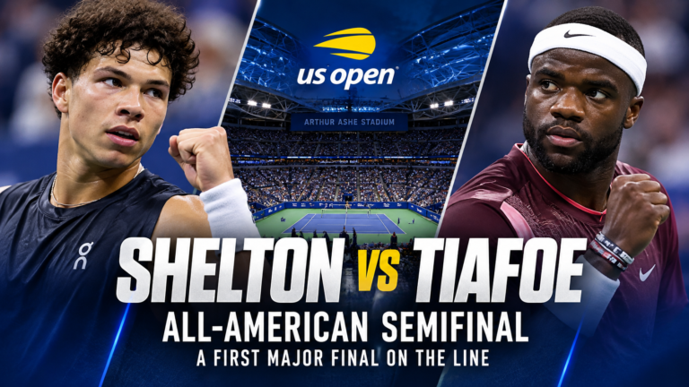 Ben Shelton and Frances Tiafoe in a US Open semifinal graphic with Arthur Ashe Stadium between them.