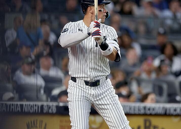 Aaron Judge bats for the New York Yankees at Yankee Stadium.