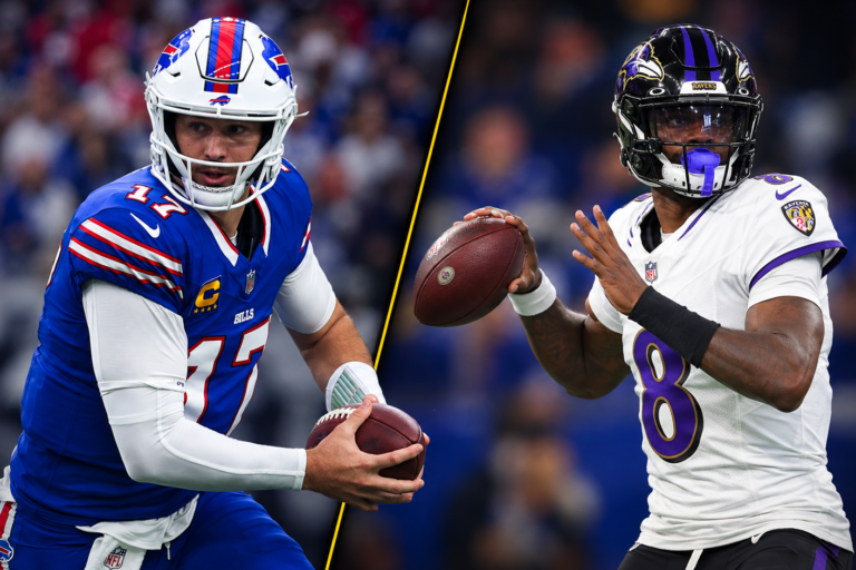 Split-panel cover showing Josh Allen in a blue Buffalo Bills uniform and Lamar Jackson in a white Baltimore Ravens uniform.