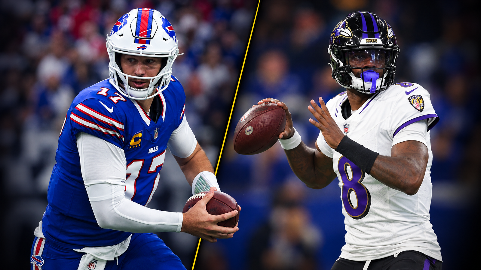 Split-panel cover showing Josh Allen in a blue Buffalo Bills uniform and Lamar Jackson in a white Baltimore Ravens uniform.