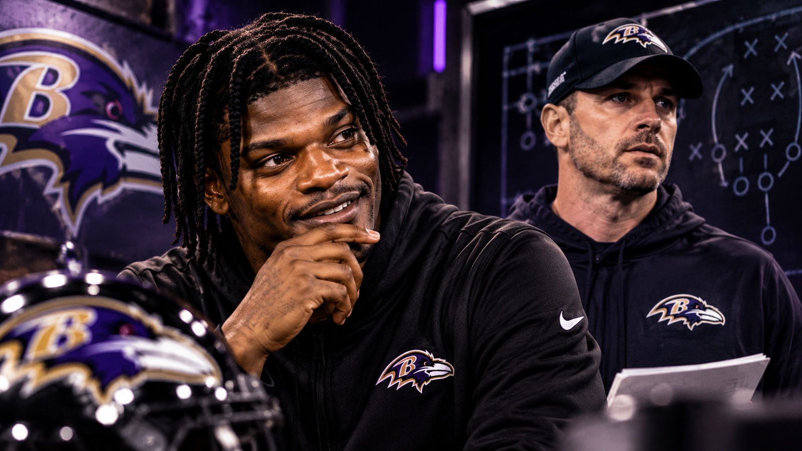 Lamar Jackson and Baltimore Ravens offensive coordinator Declan Doyle
