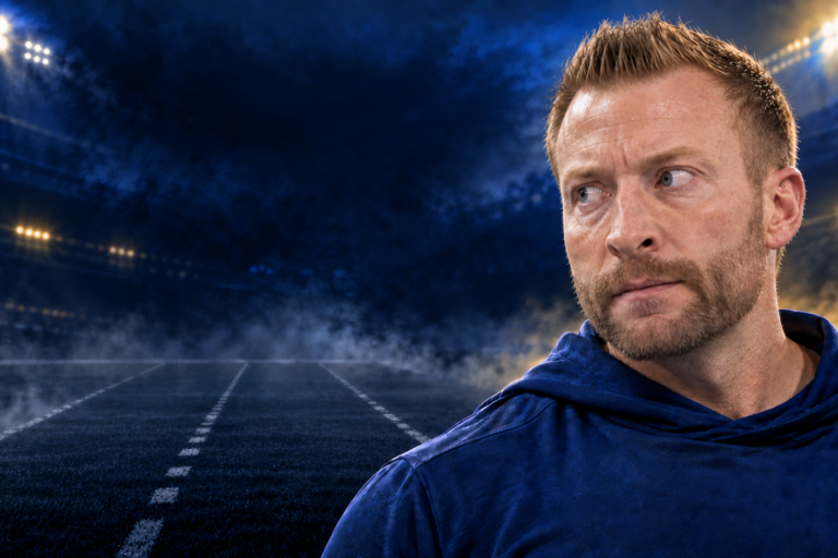 Editorial illustration of Sean McVay in a dark football stadium