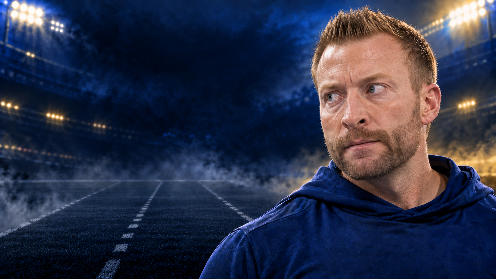 Editorial illustration of Sean McVay in a dark football stadium