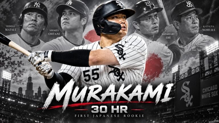 Munetaka Murakami with Japanese baseball legends Hideki Matsui, Shohei Ohtani, Sadaharu Oh and Katsuya Nomura, celebrating his historic 30-home-run rookie season.