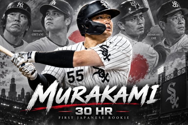 Munetaka Murakami with Japanese baseball legends Hideki Matsui, Shohei Ohtani, Sadaharu Oh and Katsuya Nomura, celebrating his historic 30-home-run rookie season.