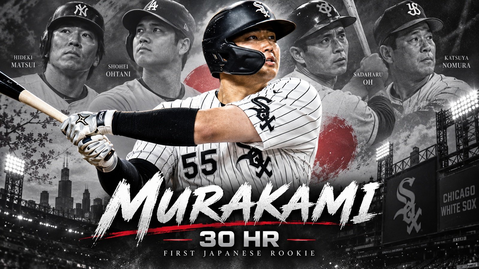 Munetaka Murakami with Japanese baseball legends Hideki Matsui, Shohei Ohtani, Sadaharu Oh and Katsuya Nomura, celebrating his historic 30-home-run rookie season.