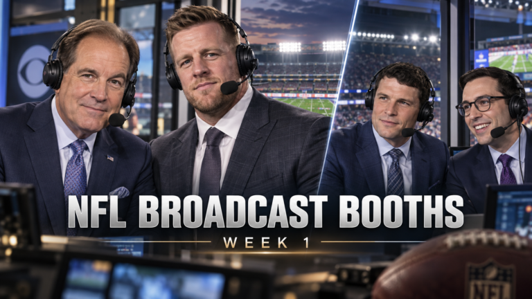 NFL Week 1 broadcast-booth editorial graphic featuring network announcers overlooking a football field