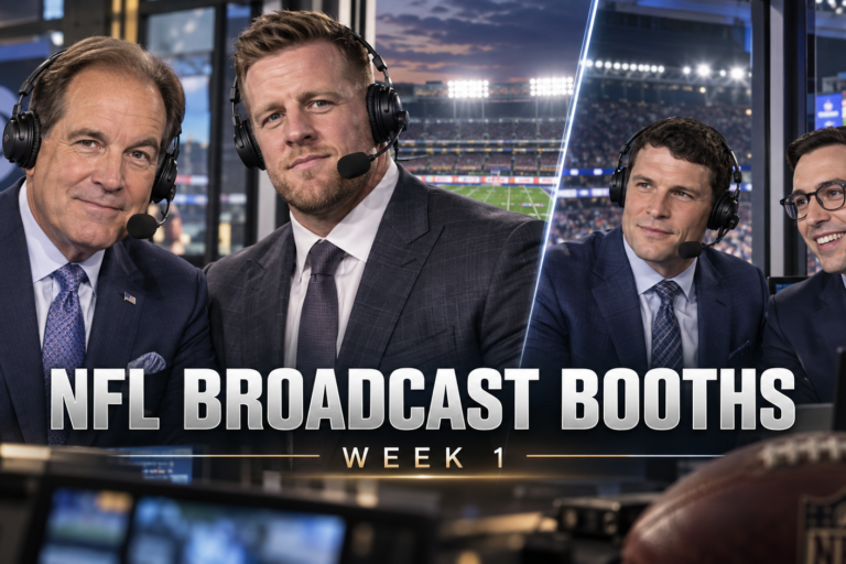 NFL Week 1 broadcast-booth editorial graphic featuring network announcers overlooking a football field