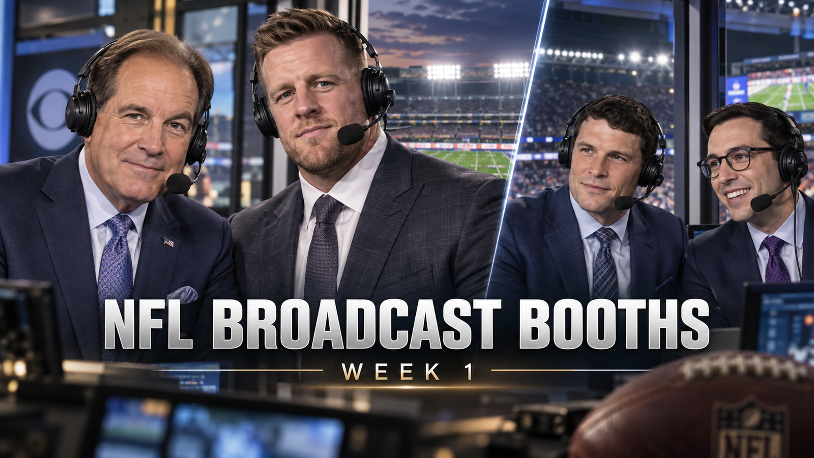 NFL Week 1 broadcast-booth editorial graphic featuring network announcers overlooking a football field