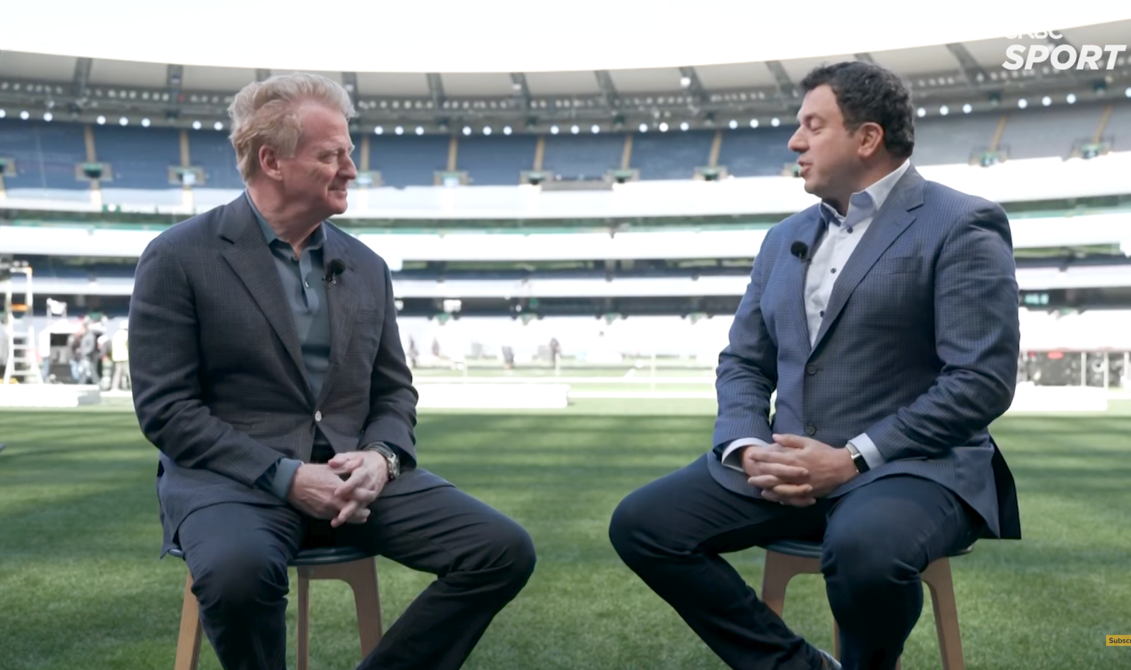 Roger Goodell, left, speaks with CNBC’s Alex Sherman at the Melbourne Cricket Ground.