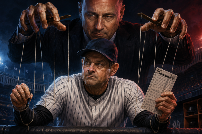 Editorial illustration of Aaron Boone in a Yankees dugout while Brian Cashman controls marionette strings from behind.
