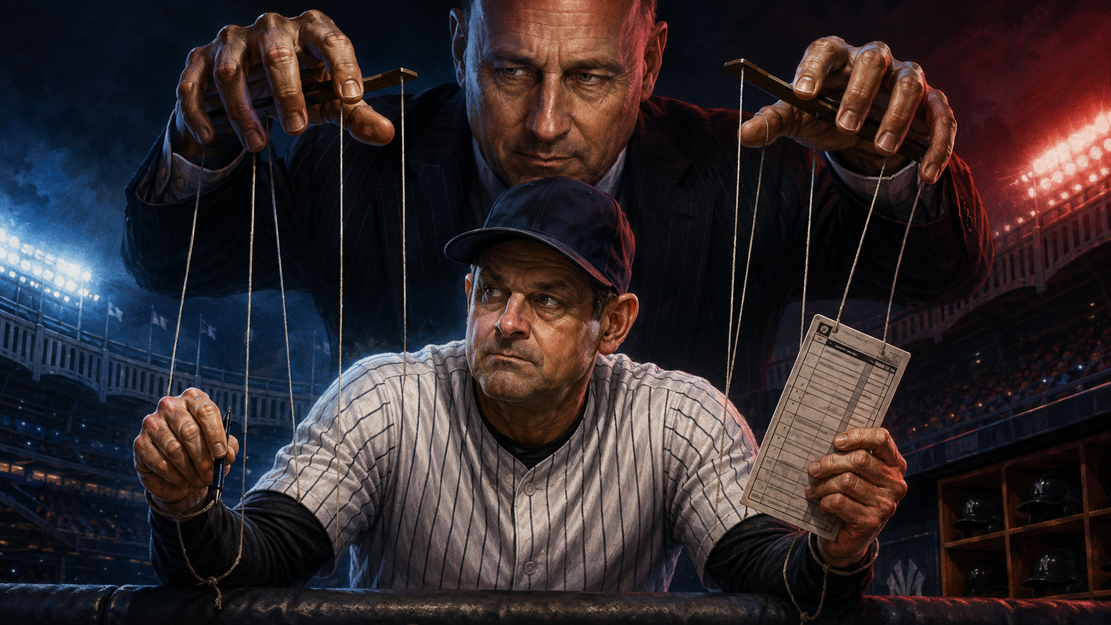 Editorial illustration of Aaron Boone in a Yankees dugout while Brian Cashman controls marionette strings from behind.