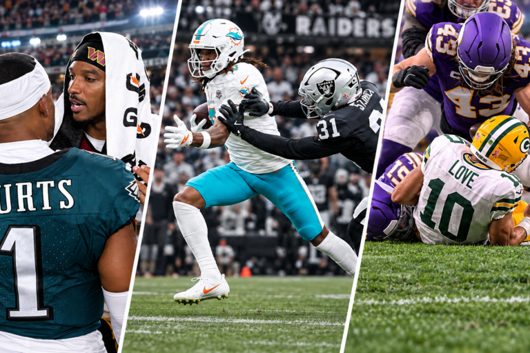 Week 1 afternoon NFL action collage featuring Eagles-Commanders, Dolphins-Raiders and Vikings-Packers.