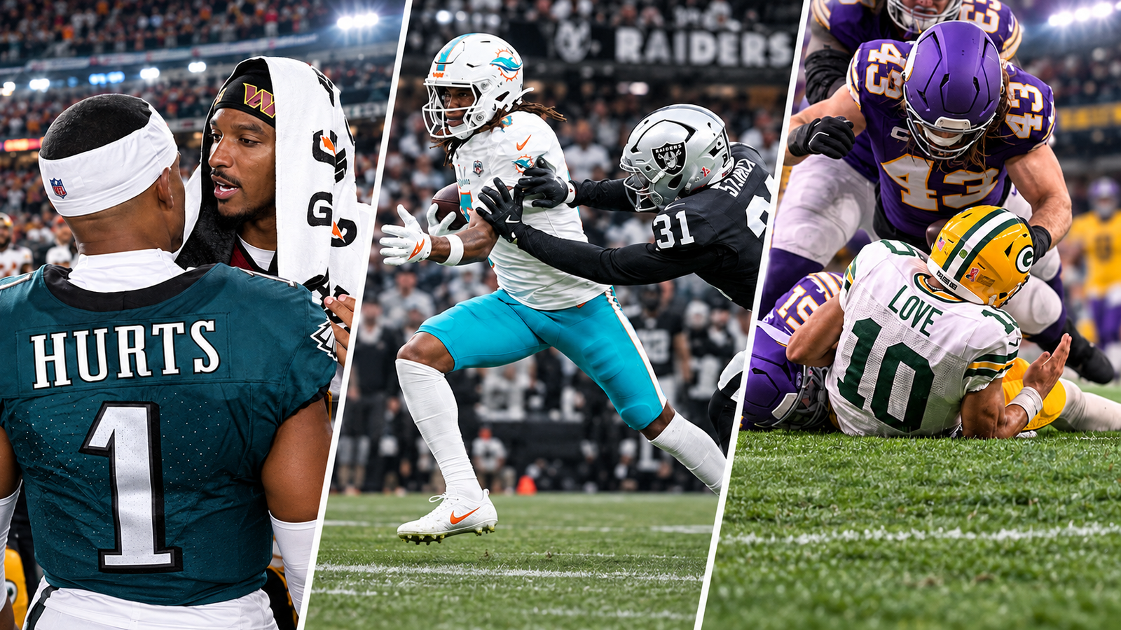 Week 1 afternoon NFL action collage featuring Eagles-Commanders, Dolphins-Raiders and Vikings-Packers.
