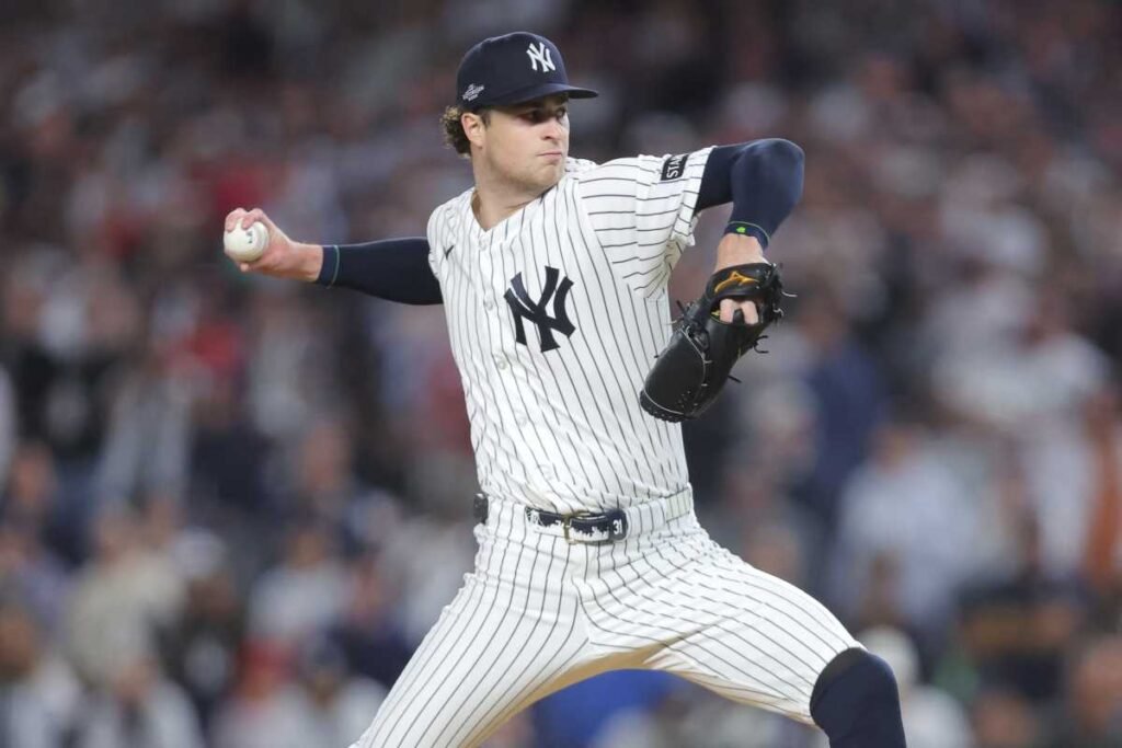 Cam Schlittler pitches against Boston in the first inning of Wild Card Game 1 at Yankee Stadium on September 29, 2026.