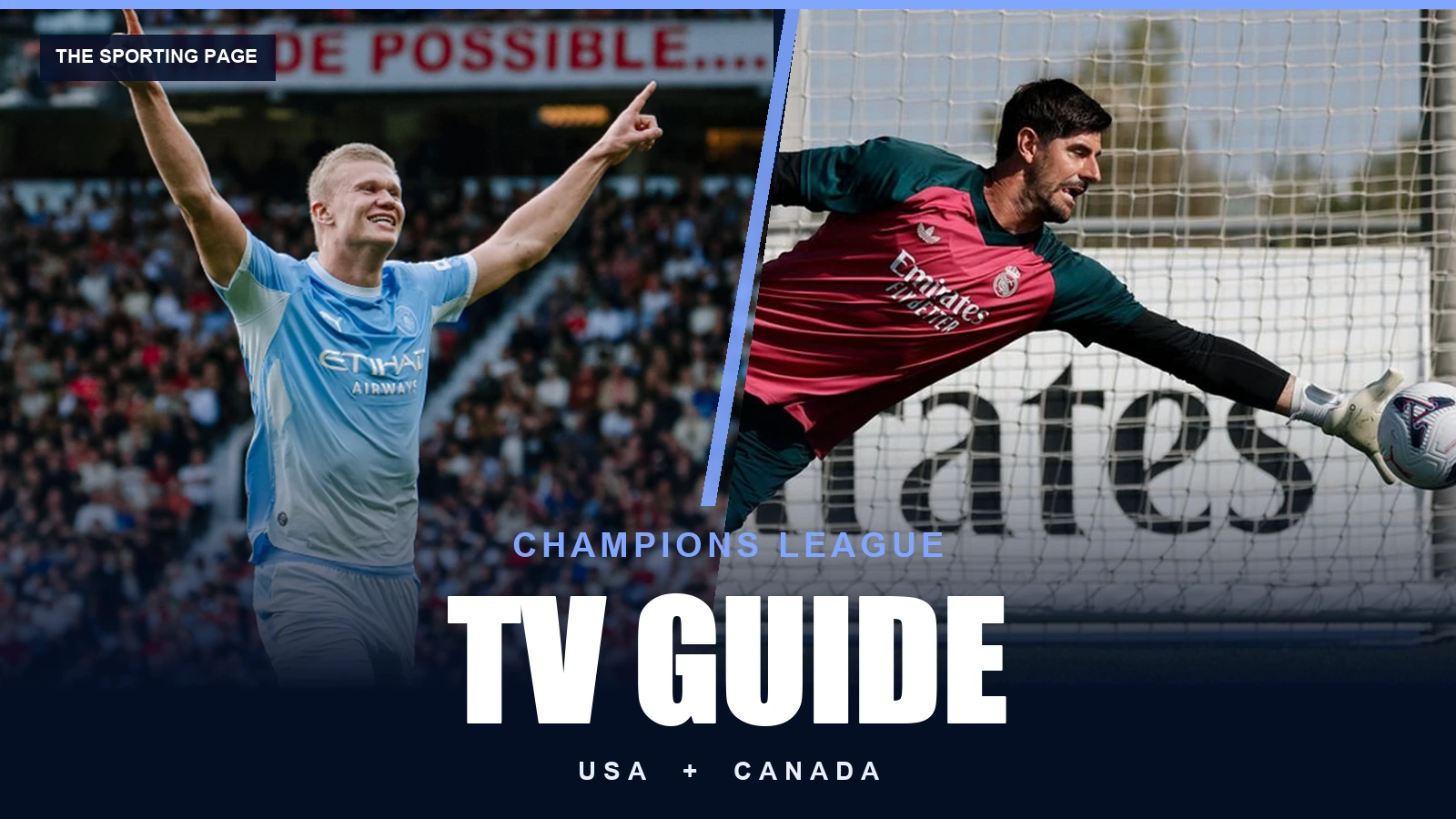 Erling Haaland and Thibaut Courtois in a real-photo Champions League TV Guide cover for the USA and Canada.
