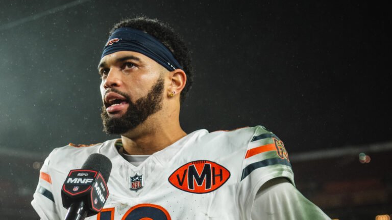 Caleb Williams in a white Chicago Bears jersey during an on-field interview in October 2025.