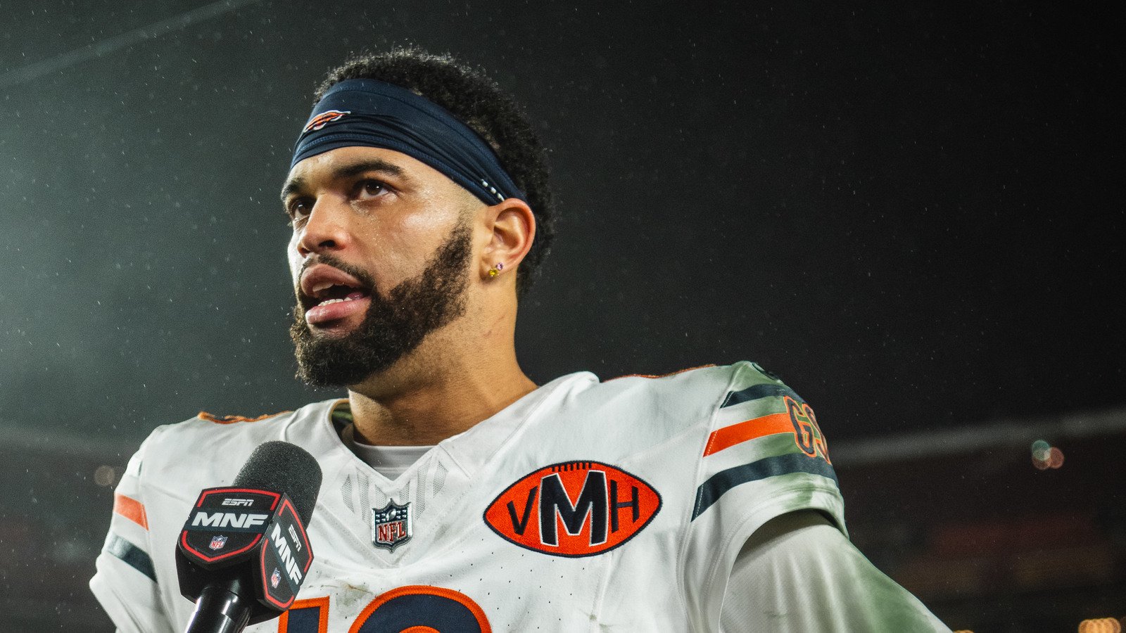 Caleb Williams in a white Chicago Bears jersey during an on-field interview in October 2025.