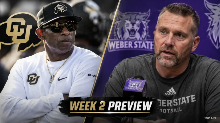 Split-screen Colorado and Weber State coaching artwork for the Week 2 preview.