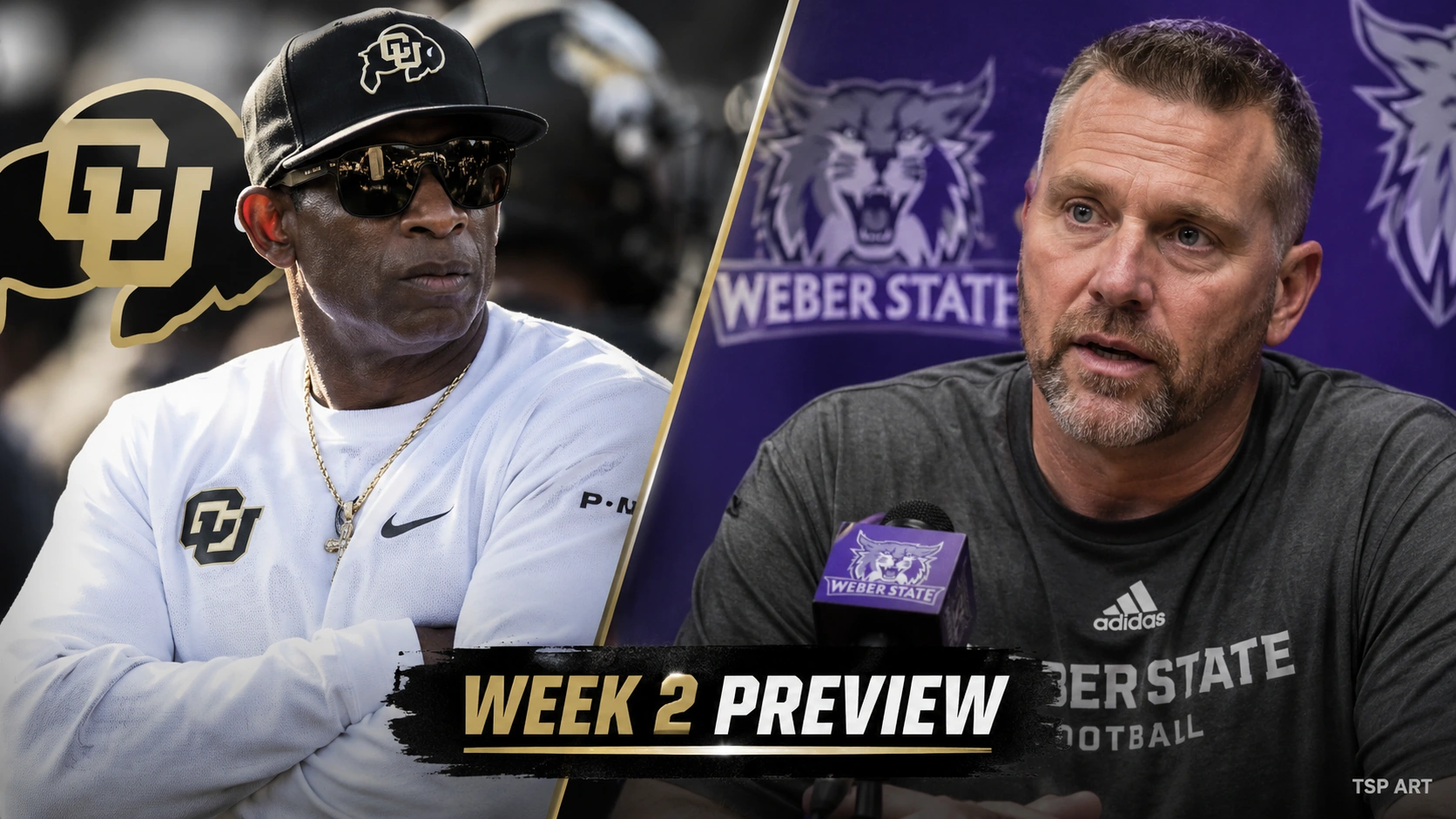 Split-screen Colorado and Weber State coaching artwork for the Week 2 preview.