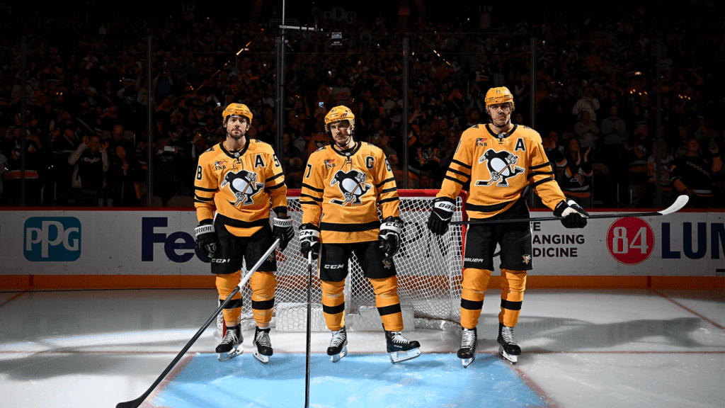Kris Letang, Sidney Crosby and Evgeni Malkin on the ice for Pittsburgh