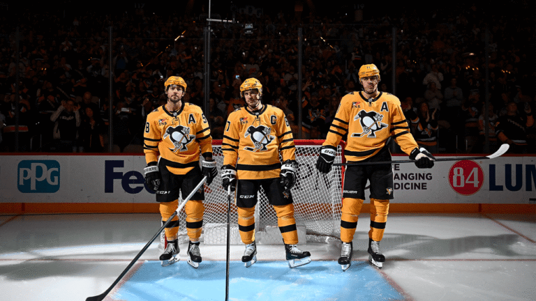 Kris Letang, Sidney Crosby and Evgeni Malkin on the ice for Pittsburgh