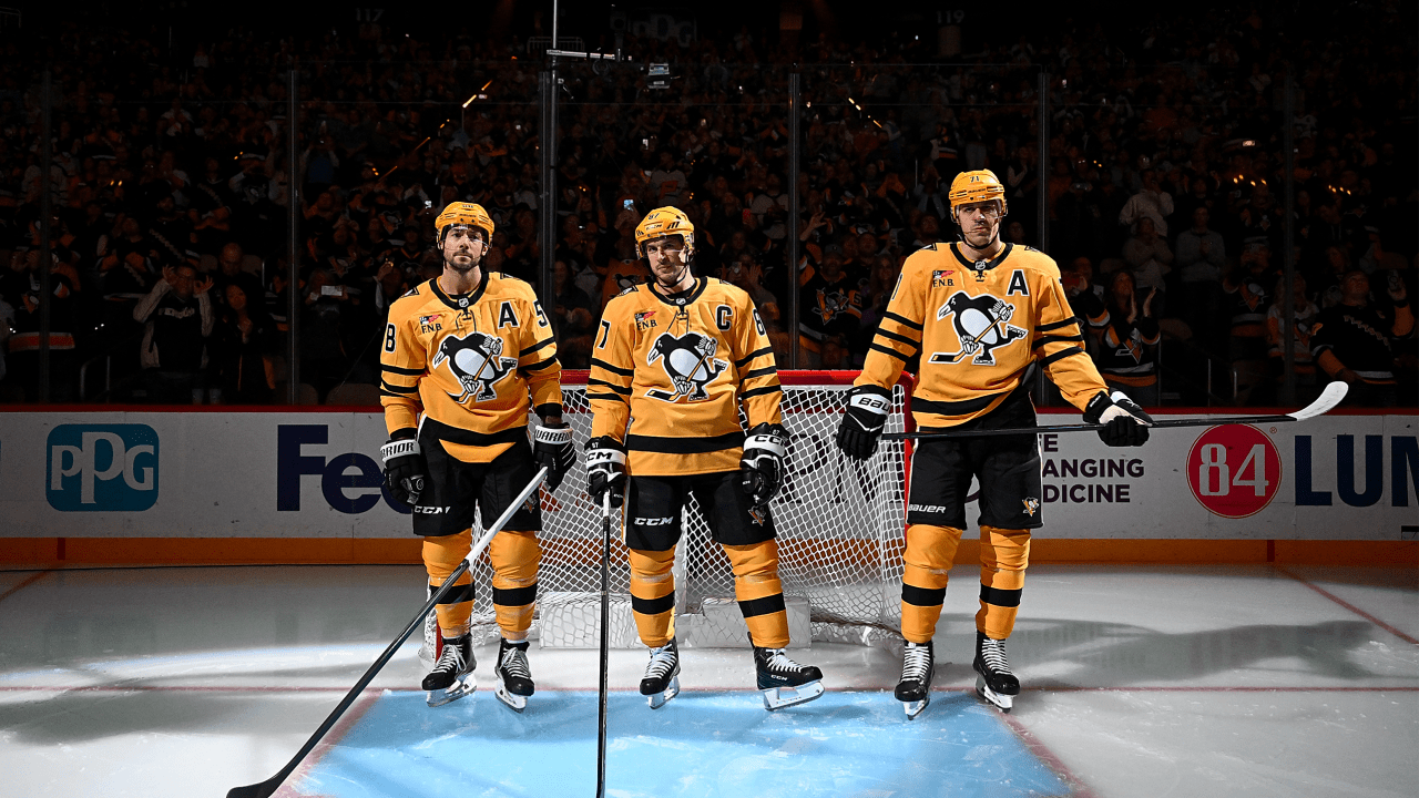 Kris Letang, Sidney Crosby and Evgeni Malkin on the ice for Pittsburgh
