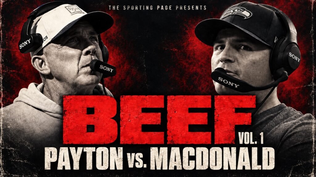 BEEF Vol. 1 graphic showing Sean Payton on the left and Mike Macdonald on the right in team caps and headsets, labeled Payton vs. Macdonald.