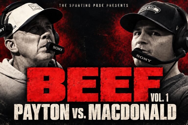 BEEF Vol. 1 graphic showing Sean Payton on the left and Mike Macdonald on the right in team caps and headsets, labeled Payton vs. Macdonald.
