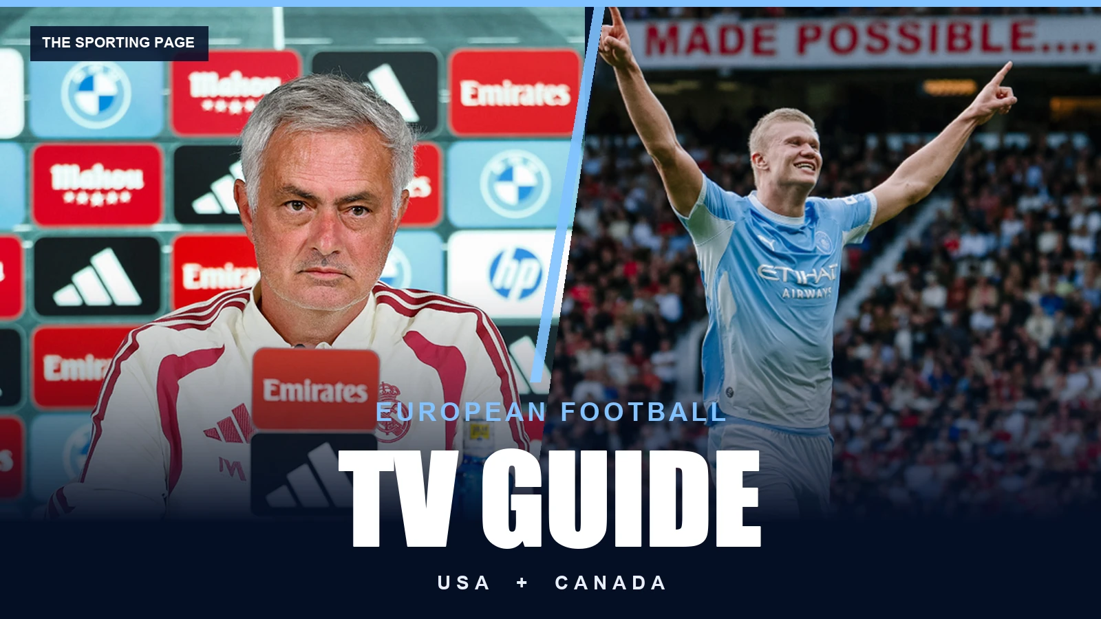 José Mourinho and Erling Haaland in a real-photo European Football TV Guide cover for the USA and Canada.